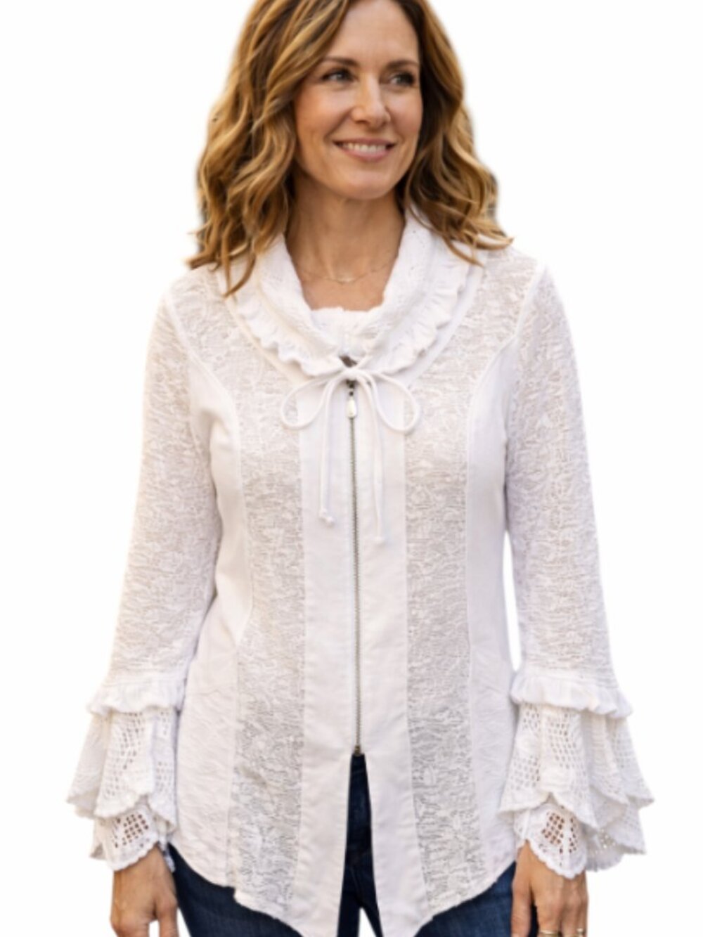 Linea Domani White Ruffle Zip Knit Blouse Top Cotton Blend Cottagecore Large NWT